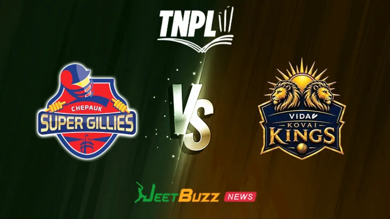 Chepauk Super Gillies vs VIDA Kovai Kings Match Prediction | TNPL 2026 | 21st Match | Aug 18 – Who will win today’s TNPL match between CSG vs VKK? (SEO image)